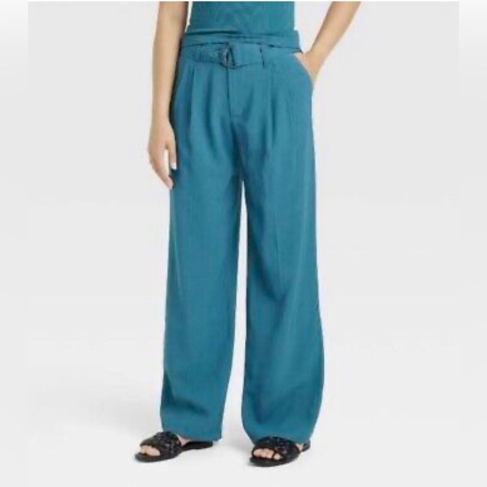 A New Day Teal Pleated Trouser Pant Front Slash Pocket Belted Size 2 & 18 avail.
